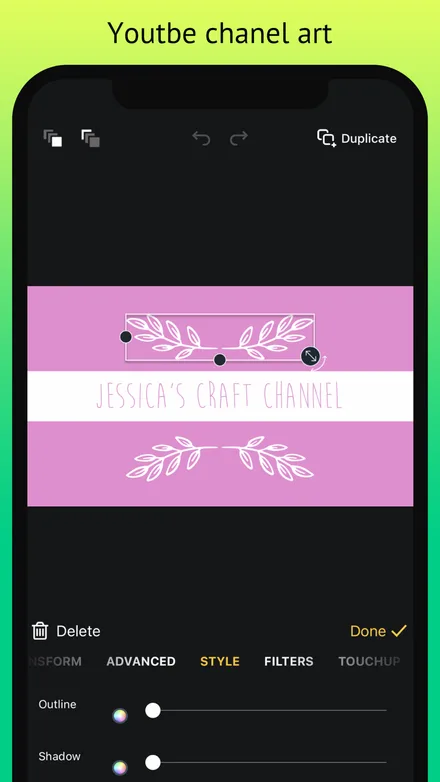 Text style editor adjusting outline and shadow sliders on a pink craft-channel banner, with Advanced, Style, Filters and Touchup tabs